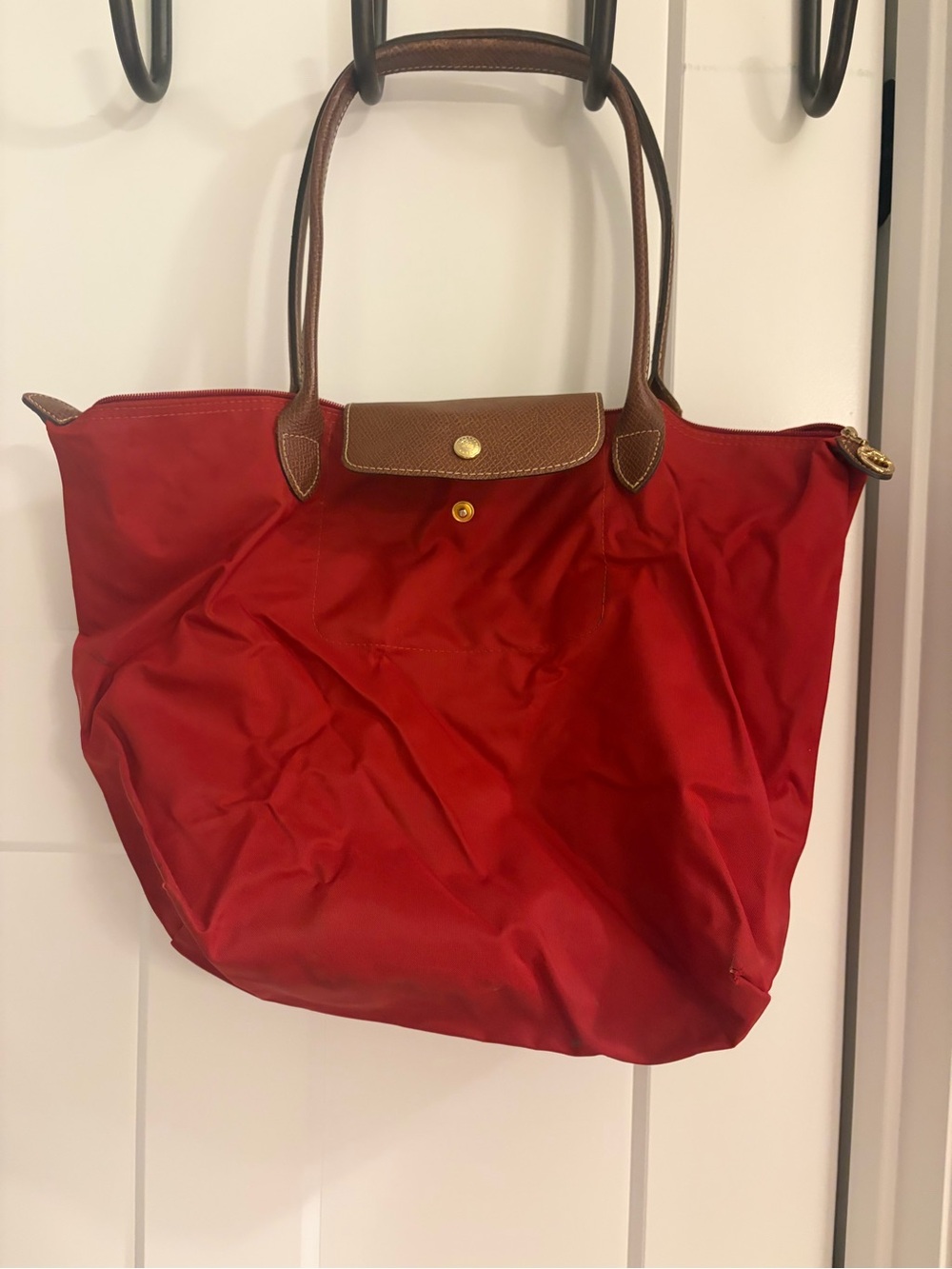 Longchamp Red Nylon Tote with Brown Leather Trim